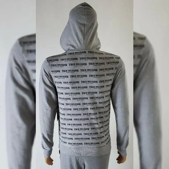 TRUE RELIGION LOUNGEWEAR HODDIE MEN ALLOVER PRINT SCRIPT REPEAT LOGO SIZE S GREY - Picture 4 of 11